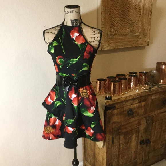 Tropical Floral Papaya Summer Sundress Black & Red - Picture 7 of 7